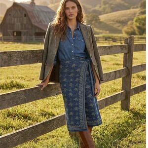 POLO Ralph Lauren Dark Indigo Cotton Knit Print A-line Wrap Skirt XXL NWT $398